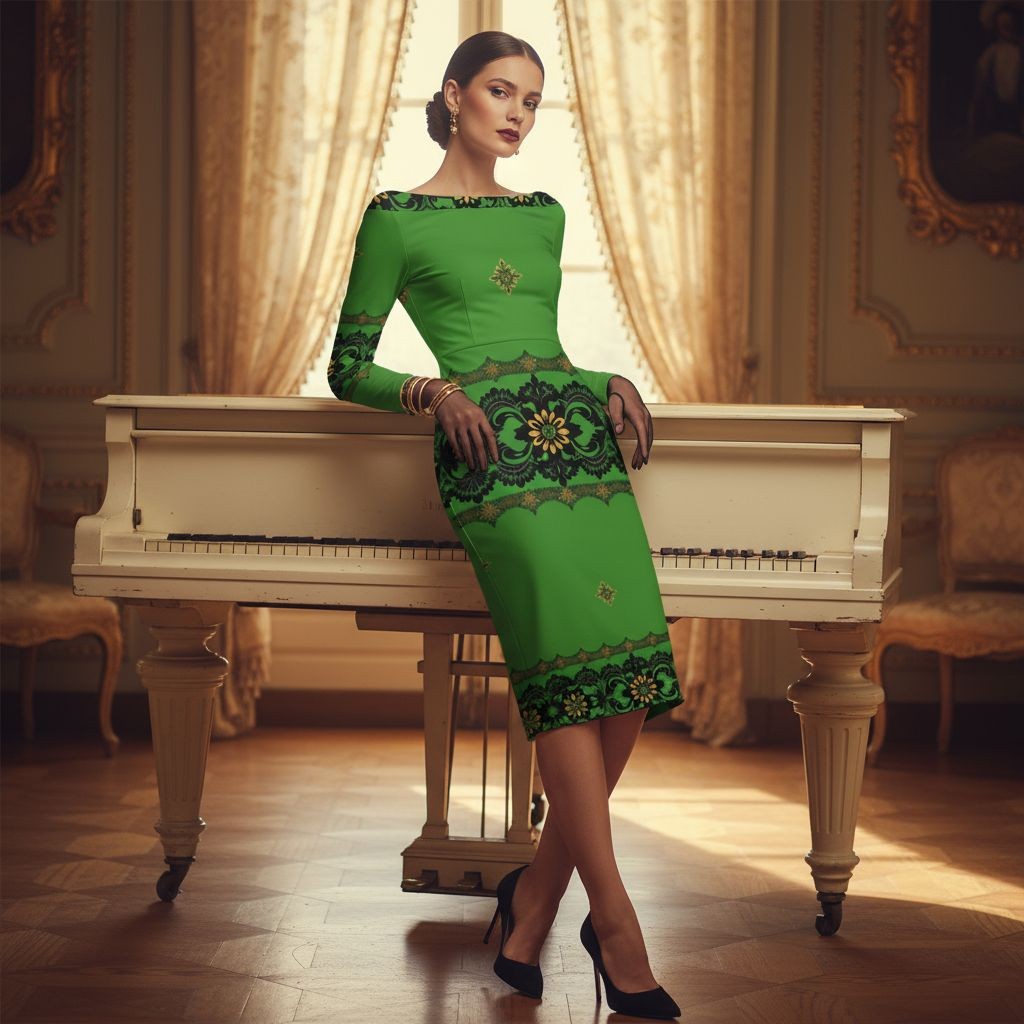 Woman wearing Emerald Braemar Women’s Off-The-Shoulder Long Sleeve Midi Bodycon Dress XS–6XL in elegant room by white piano