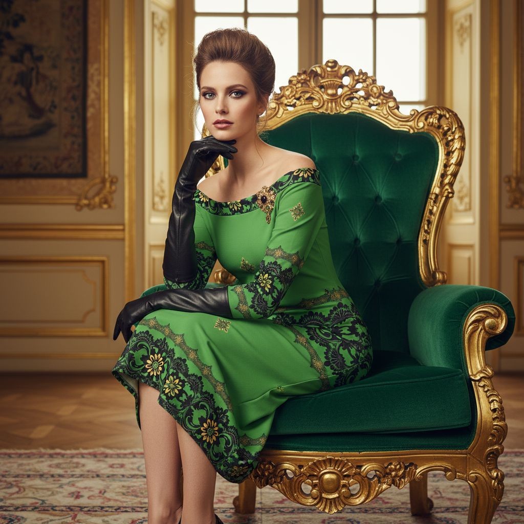 Woman wearing Emerald Braemar Women’s Off-The-Shoulder Long Sleeve Midi Bodycon Dress XS–6XL sitting on ornate green and gold chair