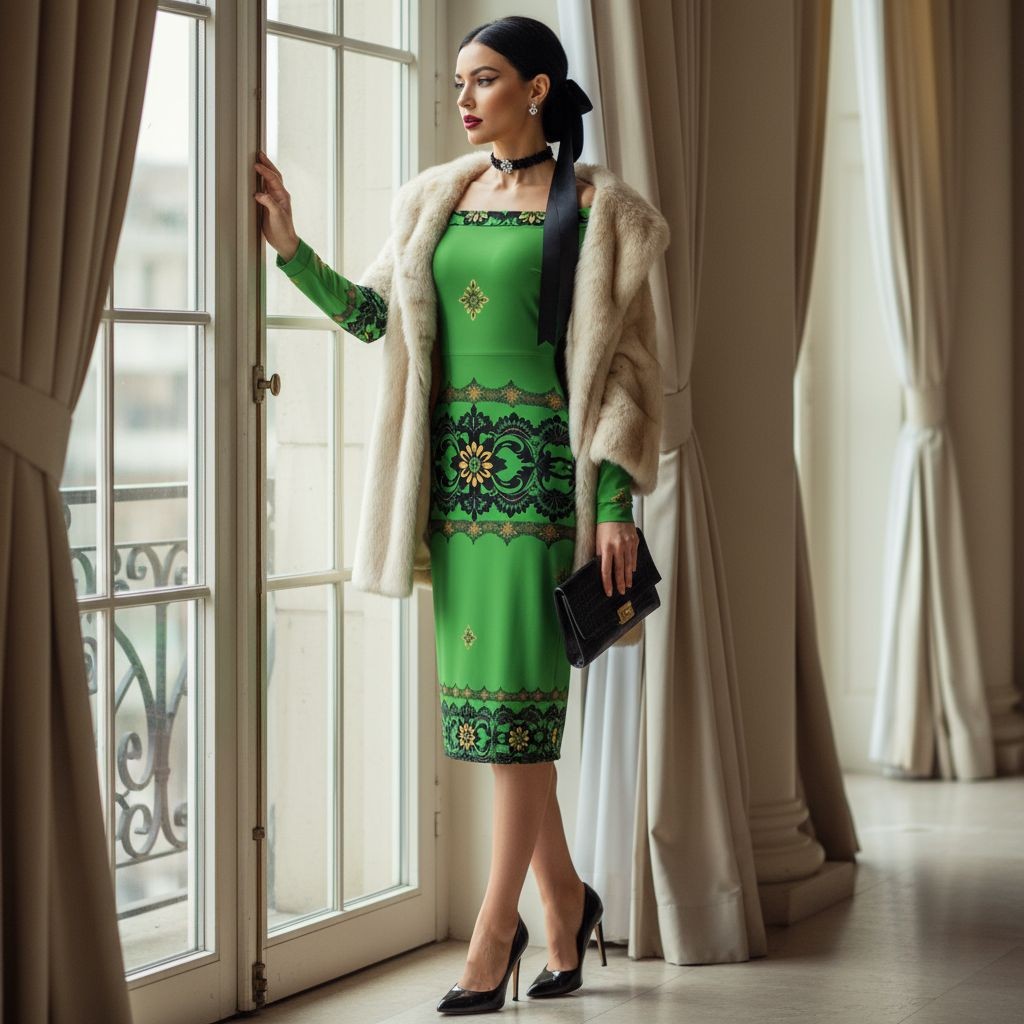 Woman wearing Emerald Braemar Women’s Off-The-Shoulder Long Sleeve Midi Bodycon Dress XS–6XL with a fur coat and black heels