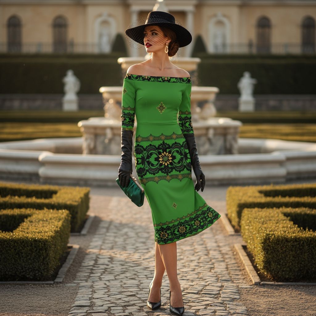 Model wearing Emerald Braemar Women’s Off-The-Shoulder Long Sleeve Midi Bodycon Dress XS–6XL standing by garden fountain