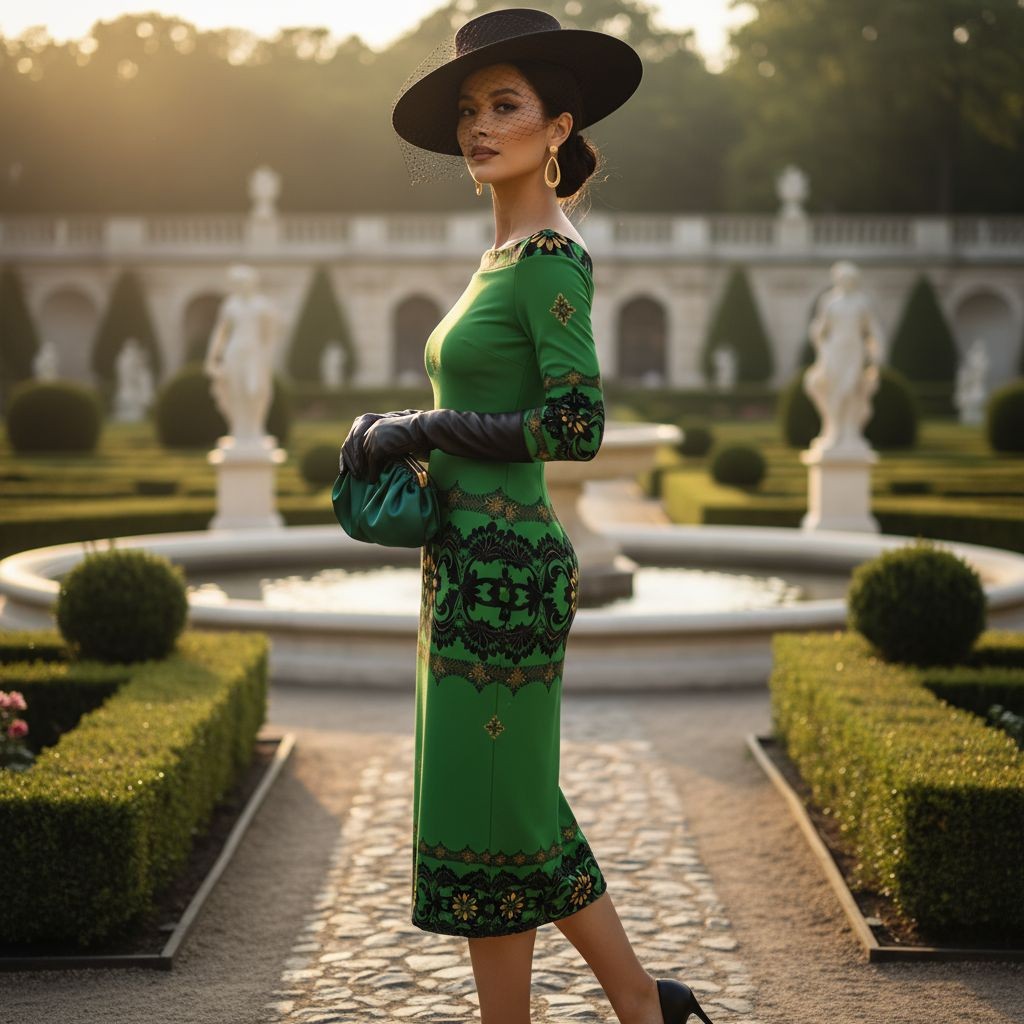 Elegant woman wearing Emerald Braemar Women’s Off-The-Shoulder Long Sleeve Midi Bodycon Dress XS–6XL in garden setting