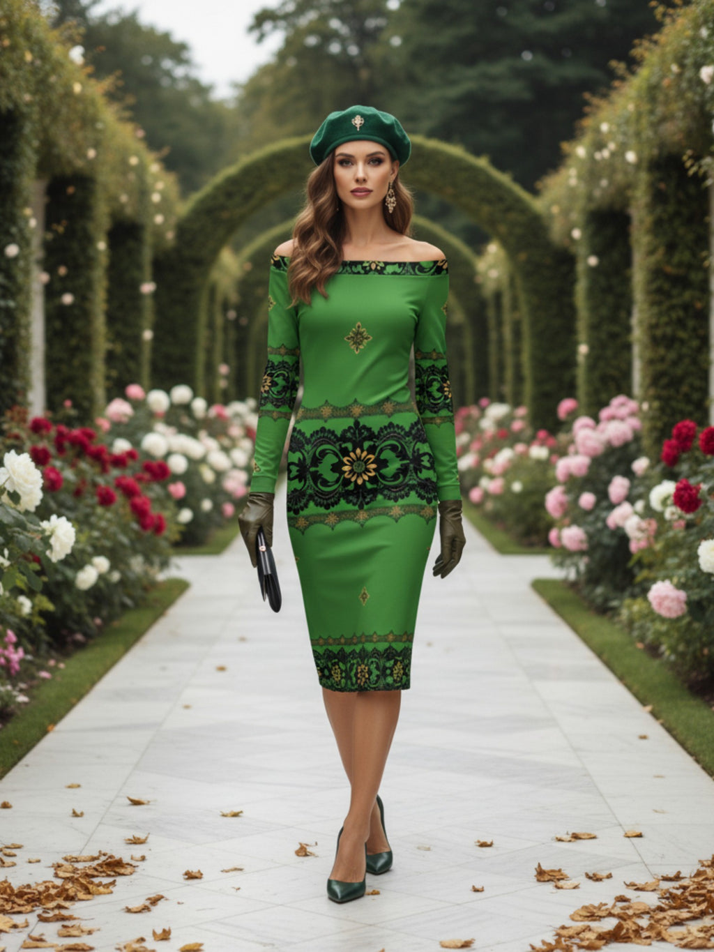 Model wearing Emerald Braemar Women’s Off-The-Shoulder Long Sleeve Midi Bodycon Dress XS–6XL in green with black floral details