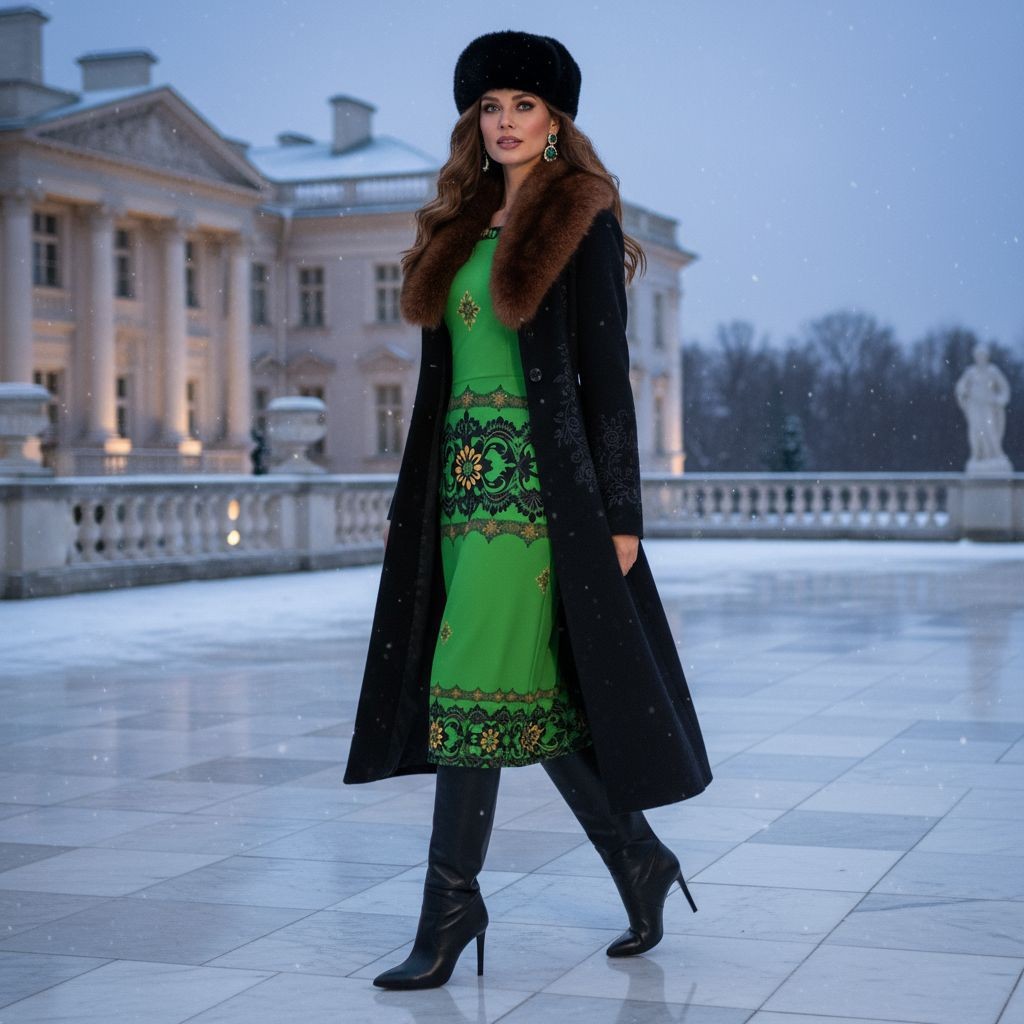 Model wearing Emerald Braemar Women’s Off-The-Shoulder Long Sleeve Midi Bodycon Dress XS–6XL with black coat and boots outdoors