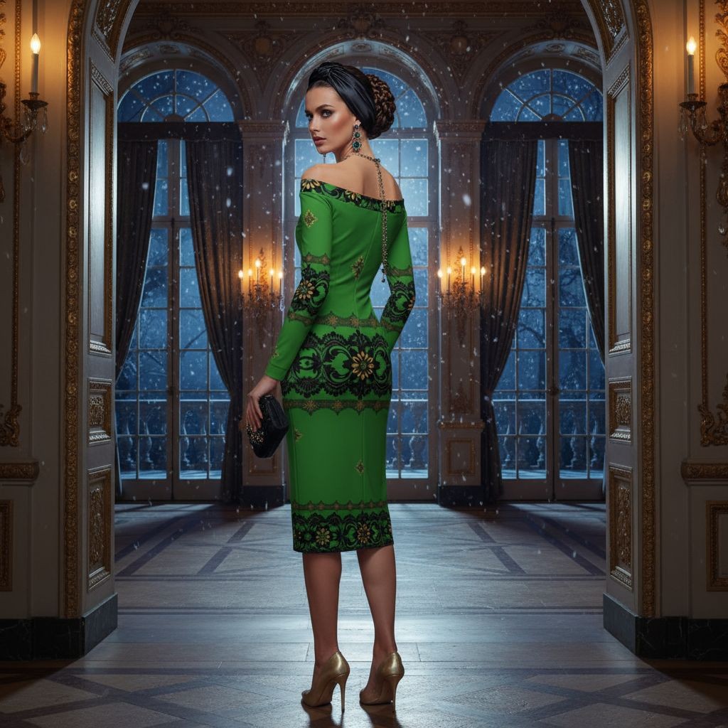 Woman wearing Emerald Braemar Women’s Off-The-Shoulder Long Sleeve Midi Bodycon Dress XS–6XL in elegant room with snow outside