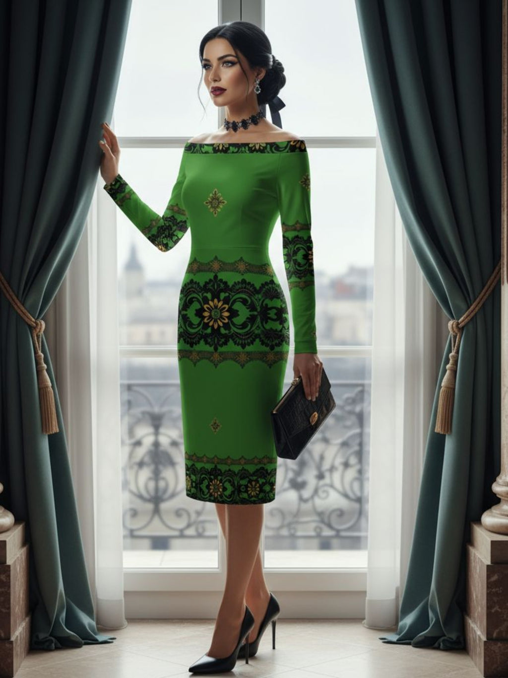 Elegant woman wearing Emerald Braemar Women’s Off-The-Shoulder Long Sleeve Midi Bodycon Dress XS–6XL by Angelic Blessings Shop