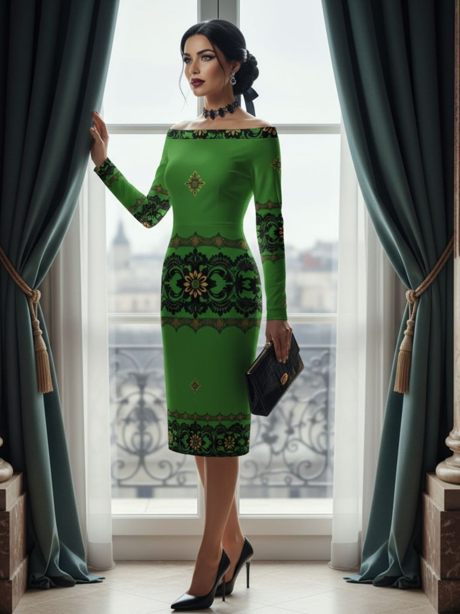 Elegant woman wearing Emerald Braemar Women’s Off-The-Shoulder Long Sleeve Midi Bodycon Dress XS–6XL by Angelic Blessings Shop