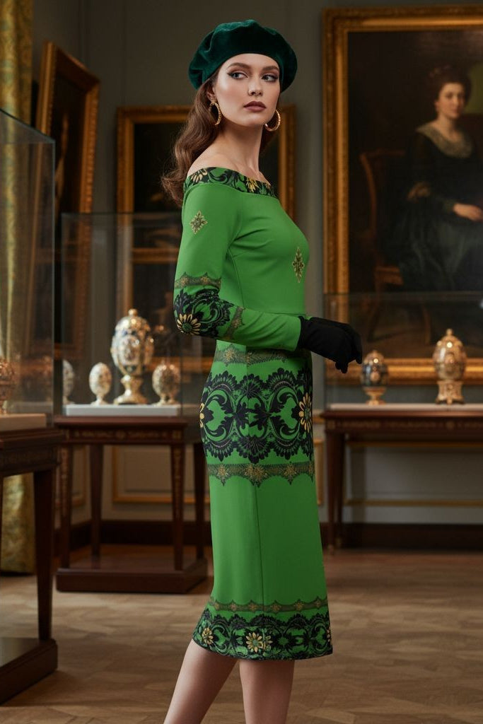Model wearing emerald off the shoulder bodycon dress with intricate black floral patterns and matching green beret