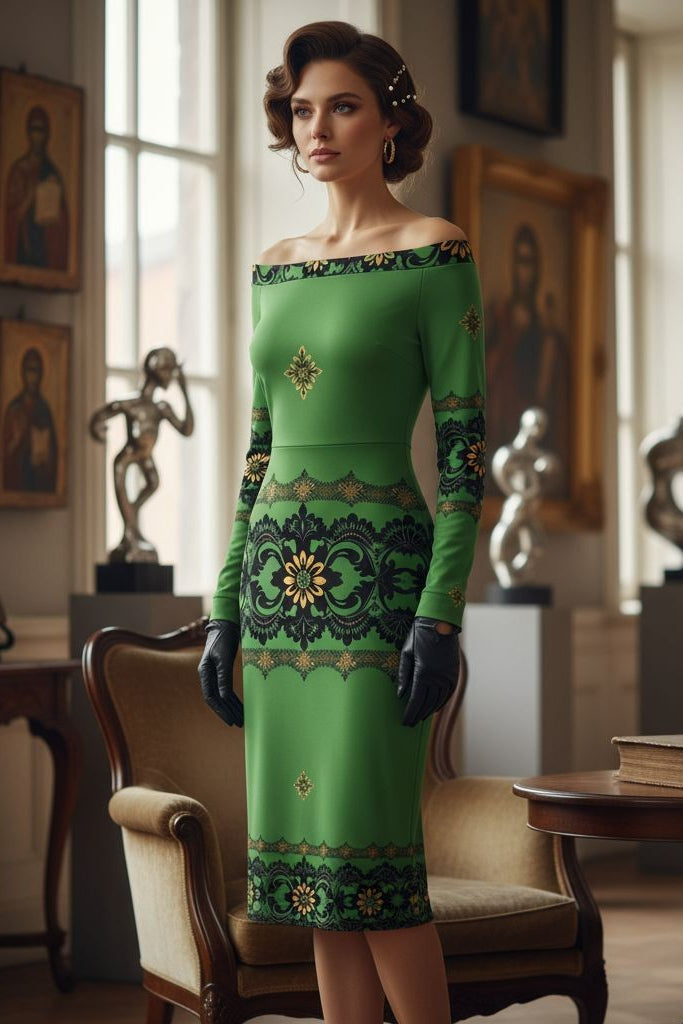 Emerald Braemar Women’s Off-The-Shoulder Long Sleeve Midi Bodycon Dress XS–6XL by Angelic Blessings Shop worn in vintage room