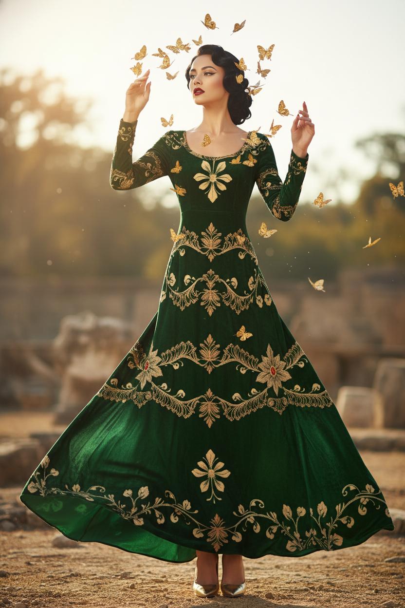 Front design of emerald green velvet maxi dress with gold ornate print