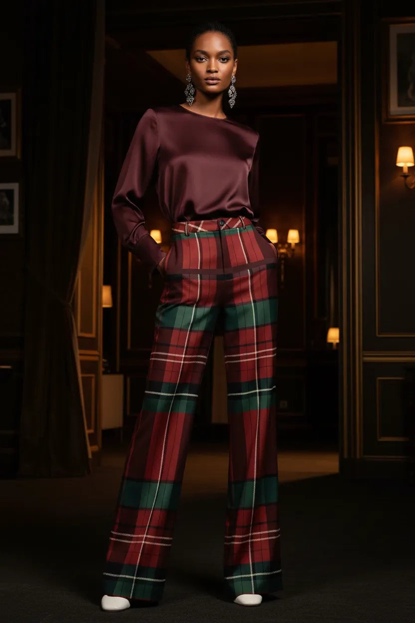Woman wearing burgundy green tartan trousers women styled with a satin burgundy blouse and statement earrings