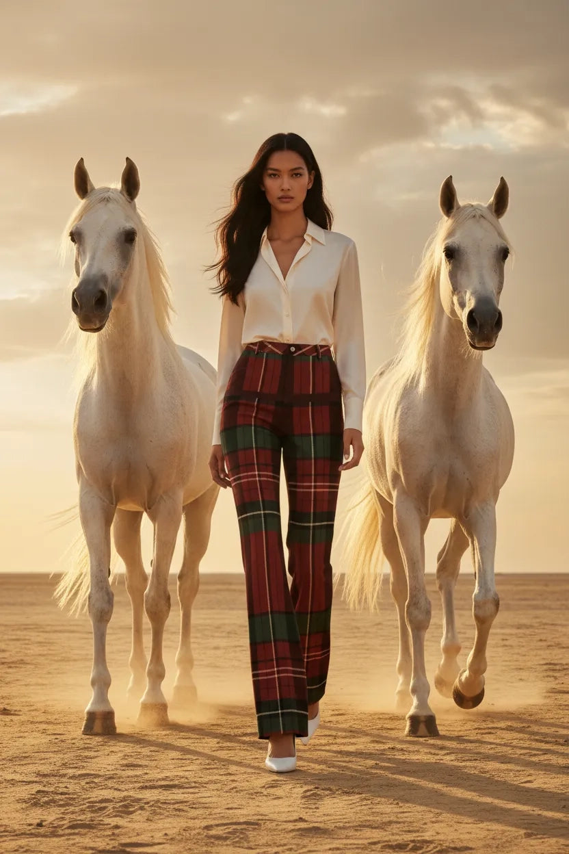 Woman wearing burgundy green tartan trousers women styled with white blouse walking between two white horses on desert