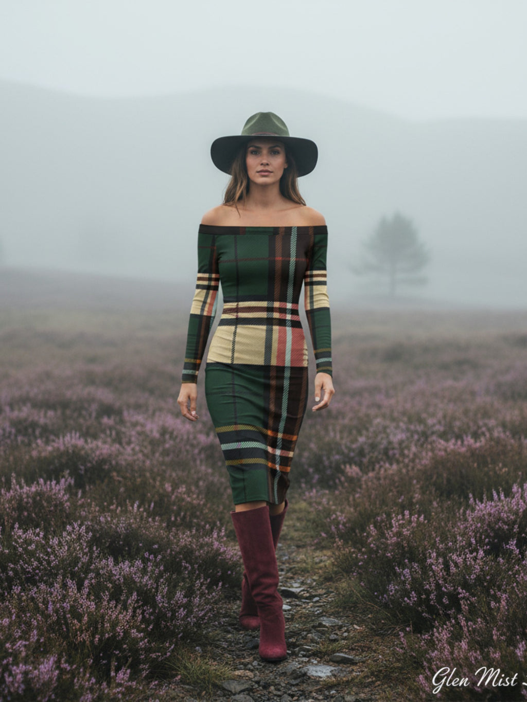 Woman wearing tartan off the shoulder midi dress with long sleeves and hat in misty field