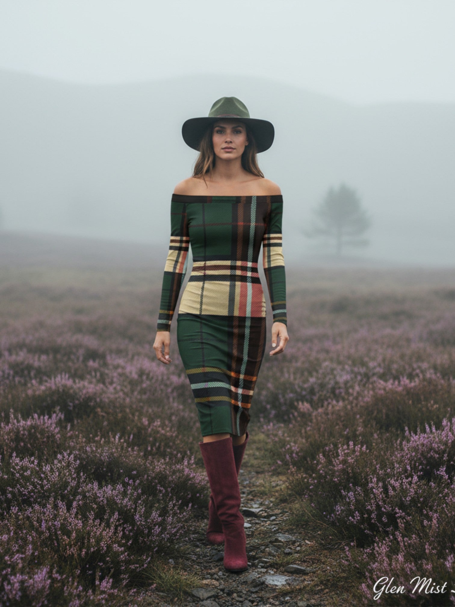 Woman wearing tartan off the shoulder midi dress with long sleeves and hat in misty field