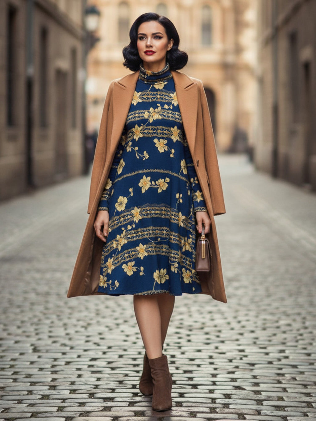 Woman wearing a navy blue floral high neck dress with a camel coat and brown ankle boots walking on cobblestone street