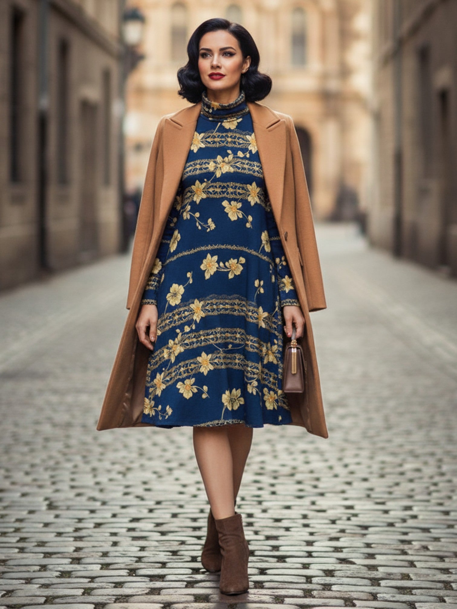 Woman wearing a navy blue floral high neck dress with a camel coat and brown ankle boots walking on cobblestone street