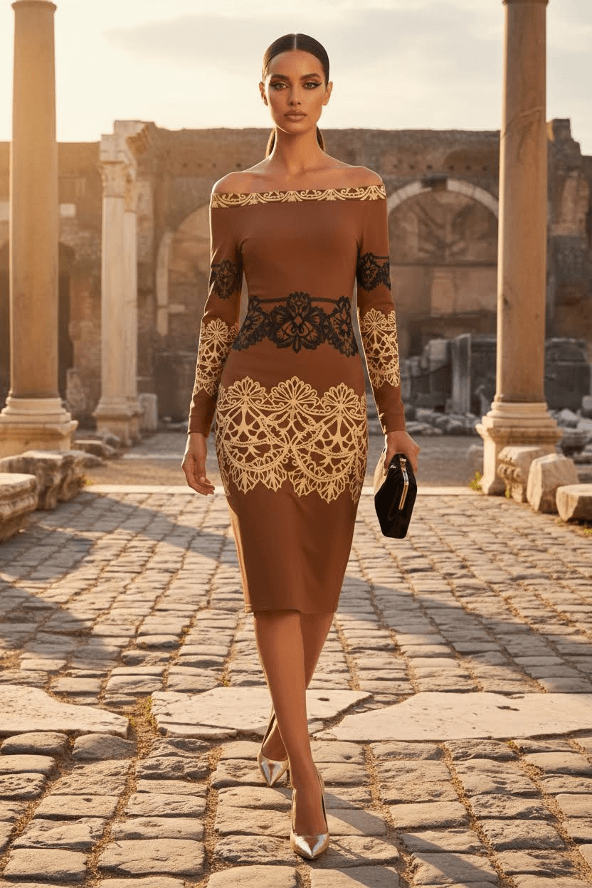 Baroque lace brown evening dress S-6XL inclusive luxury boutique fashion