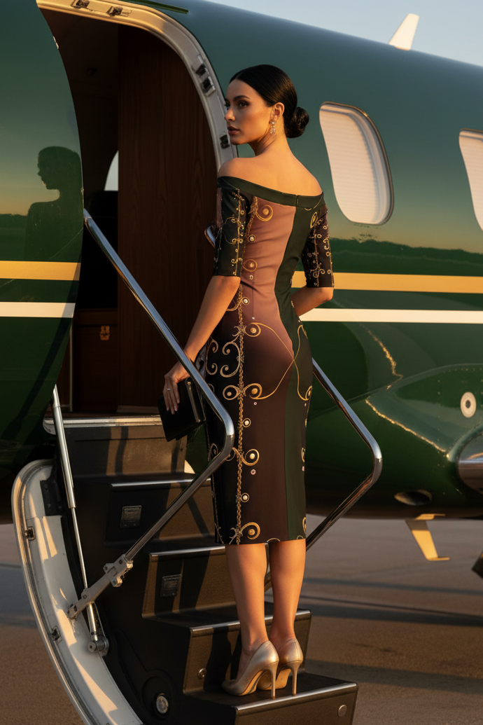 Forrest Green & Gold Baroque midi bodycon dress elegant evening outfit