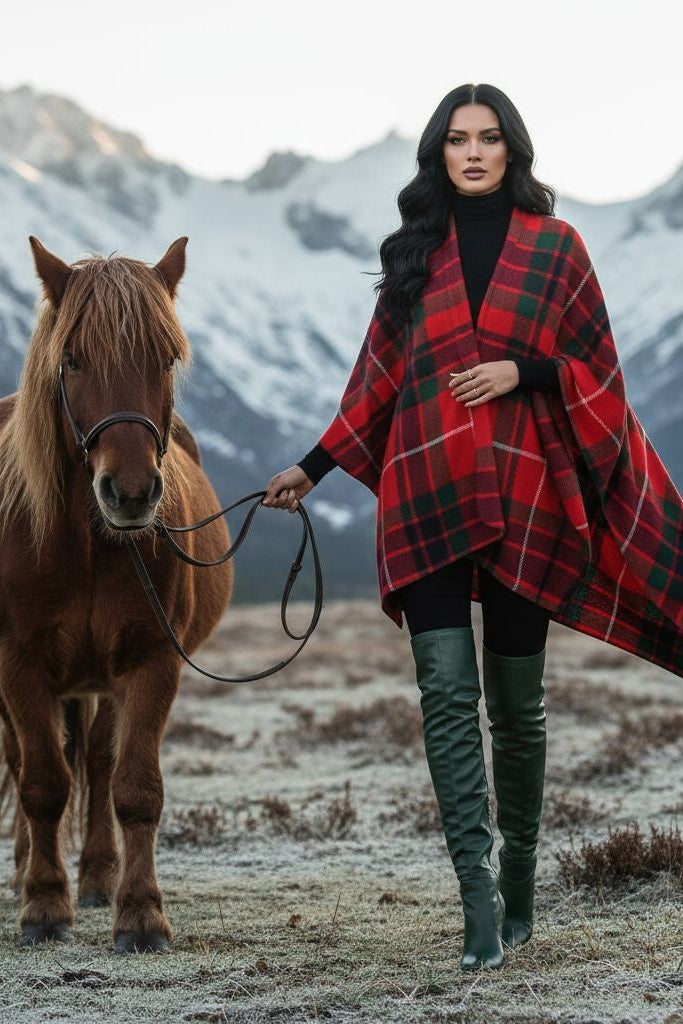 Woman wearing Fraser Clan Tartan All-Season Soft Touch Shawl Lightweight Wrap Scarf outdoors with horse