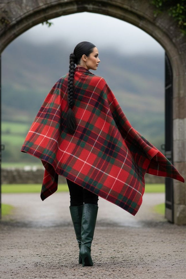 Woman wearing Fraser Clan Tartan All-Season Soft Touch Shawl Lightweight Wrap Scarf in red and green plaid