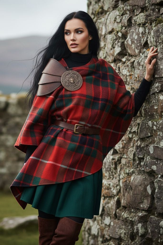 Fraser Clan Tartan All-Season Soft Touch Shawl lightweight wrap scarf worn by model outdoors