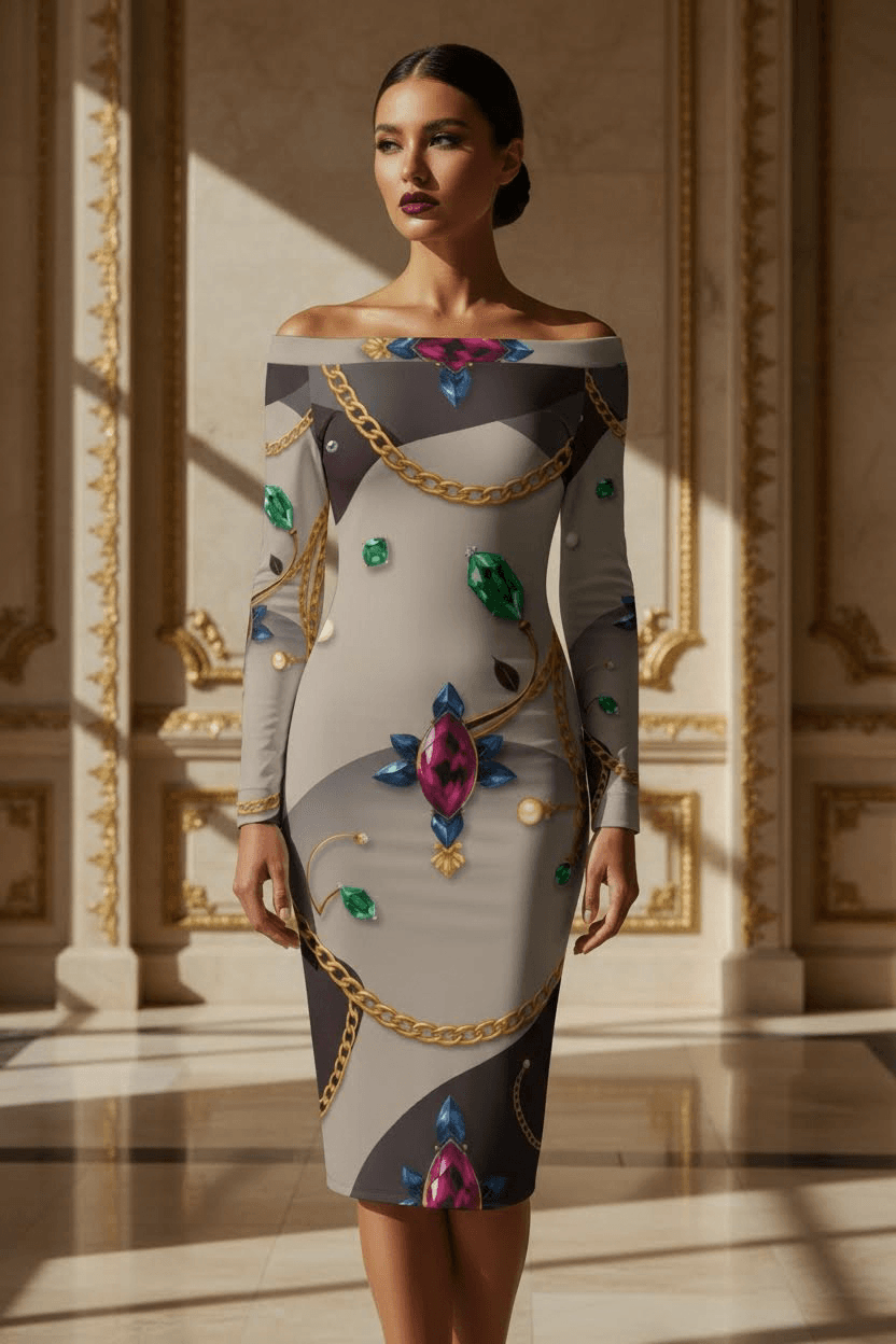 Off The Shoulder Baroque Bodycon midi dress elegant evening outfit with gemstone print
