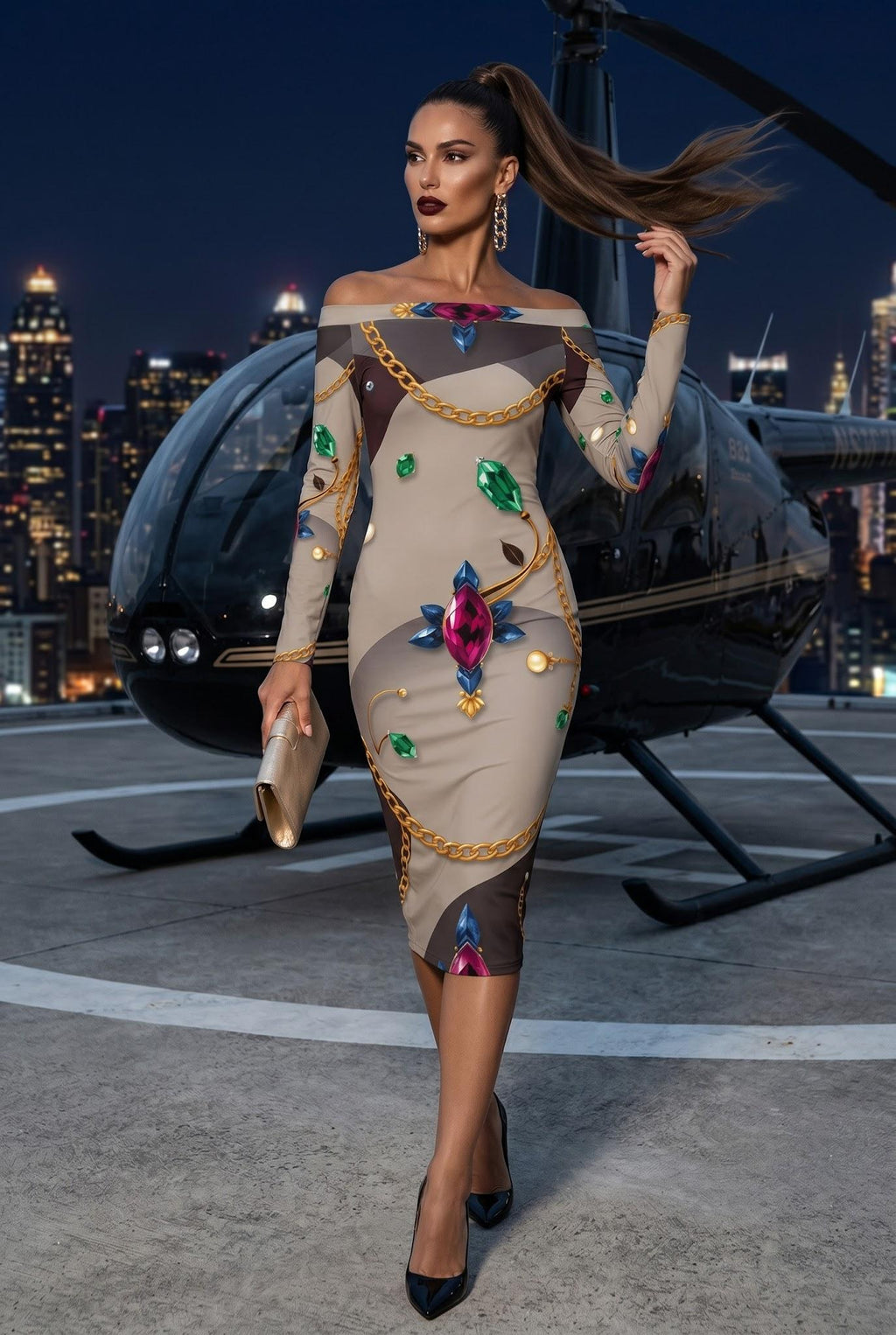 Off The Shoulder Baroque Bodycon midi dress Elegant Evening Outfit with Jewel Details