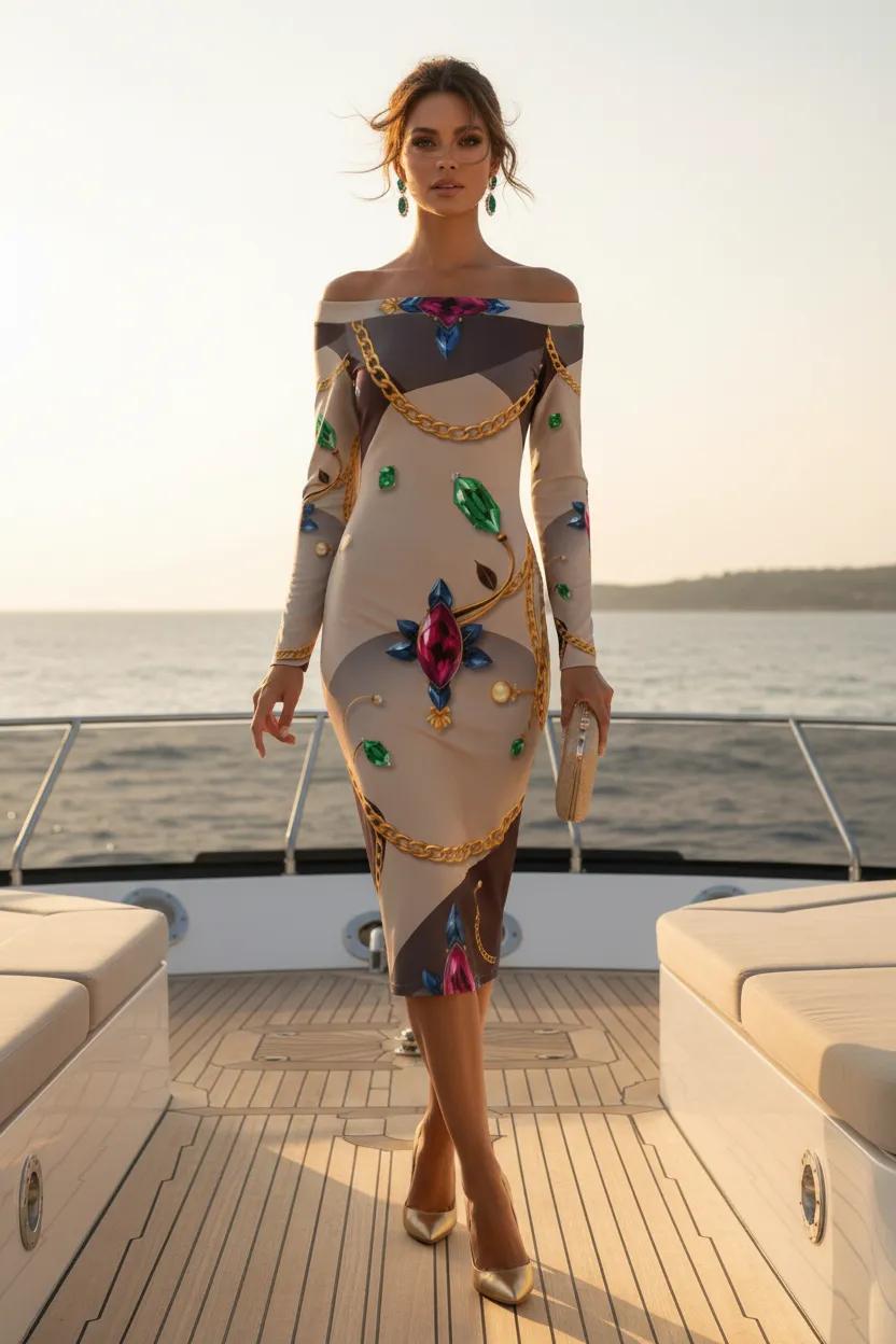 Off The Shoulder Baroque Bodycon Midi Dress Elegant Evening Outfit with Decorative Jewel Print