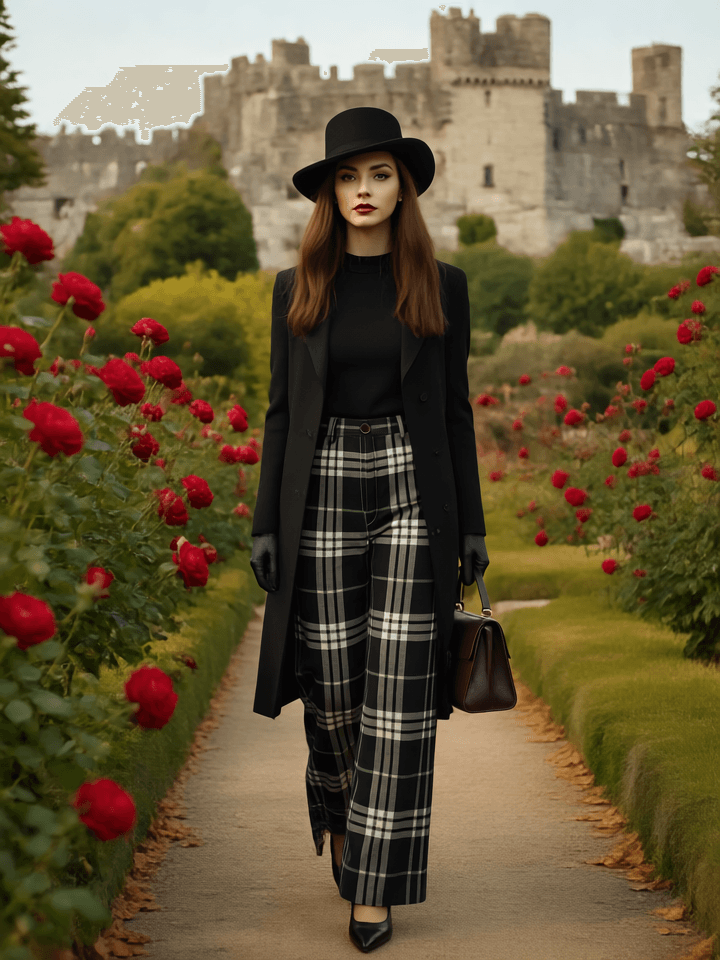 Woman wearing Glamis plaid high waisted trousers with a black coat and hat walking in a garden