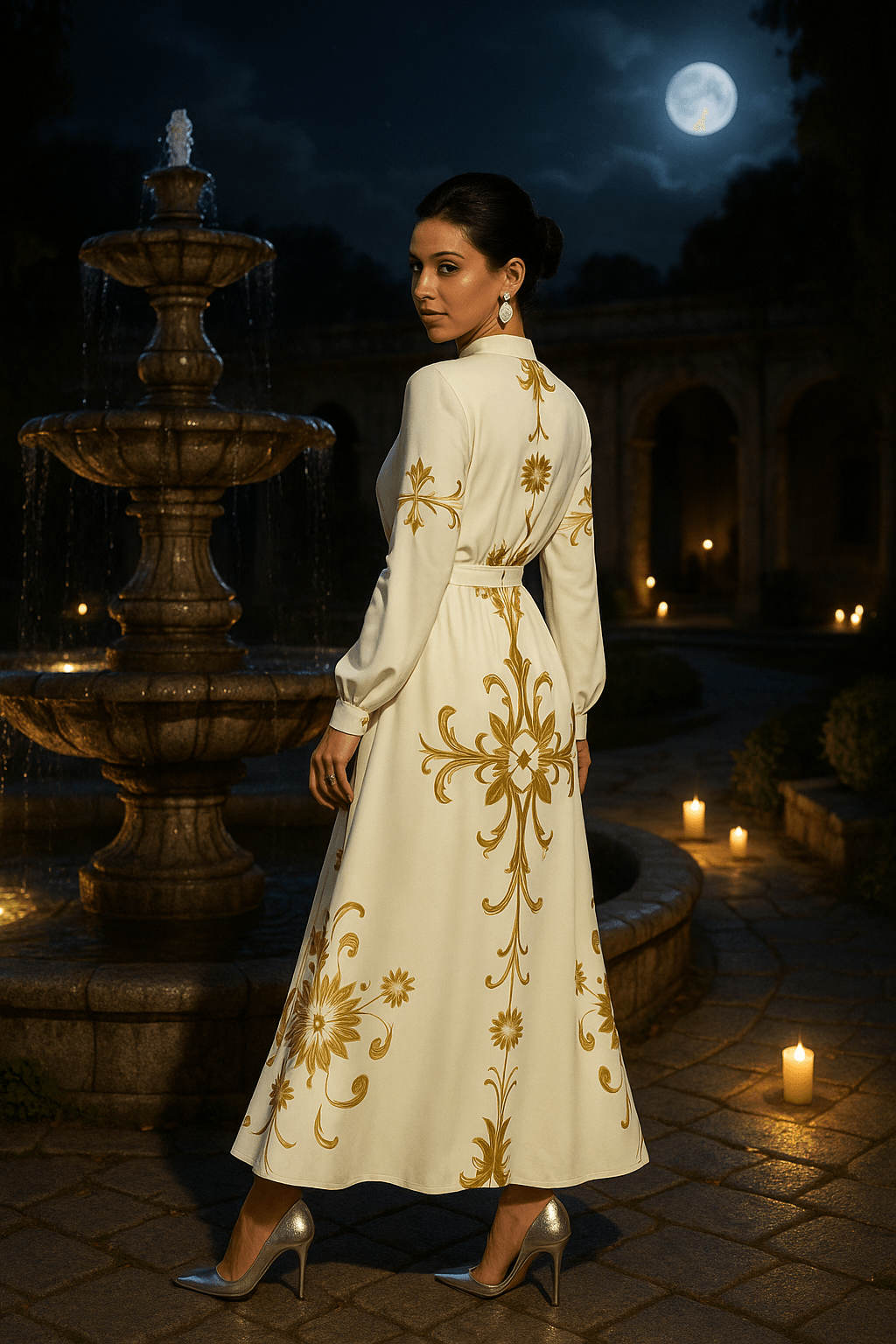 Angelic Blessings gold damask evening gown worn by model at night near fountain with full moon