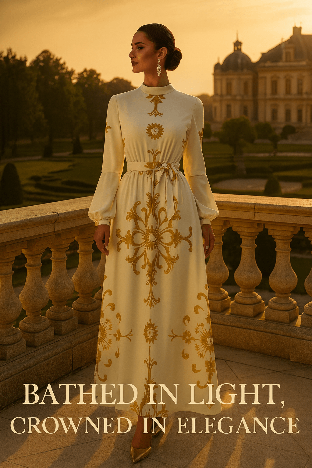 Angelic Blessings gold damask evening gown with long sleeves and elegant waist tie on model at sunset