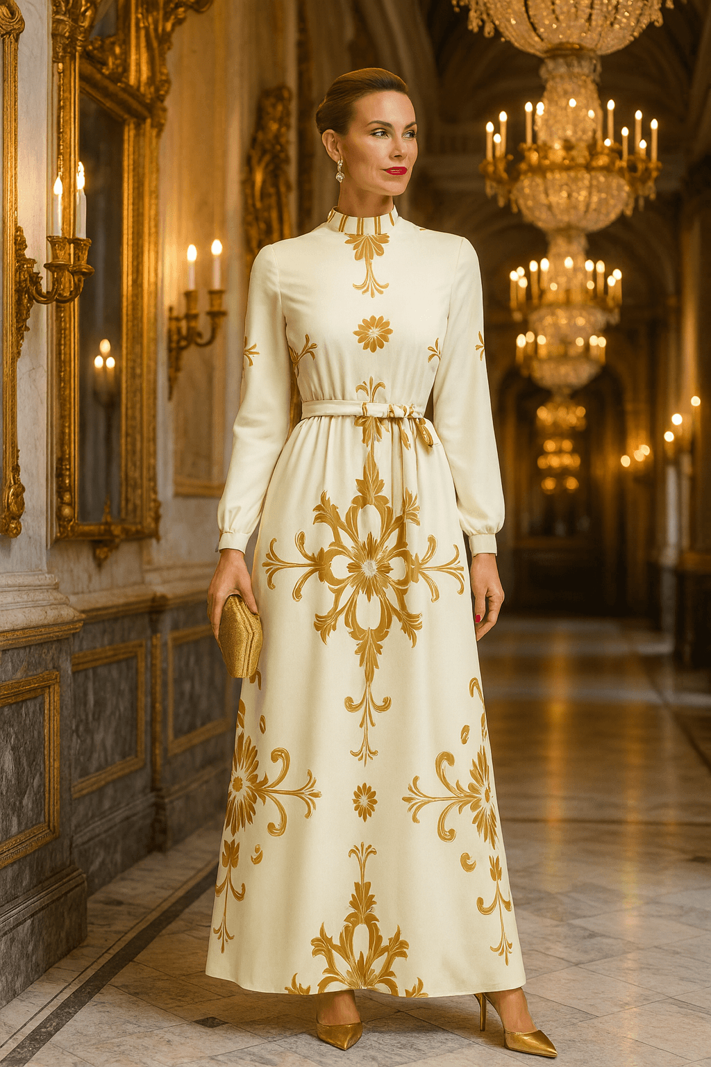 Angelic Blessings luxury gold damask evening gown with long sleeves and high neckline in elegant setting