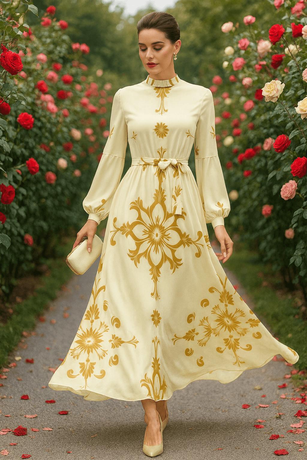 Angelic Blessings gold damask evening gown with long sleeves and high neckline worn in garden