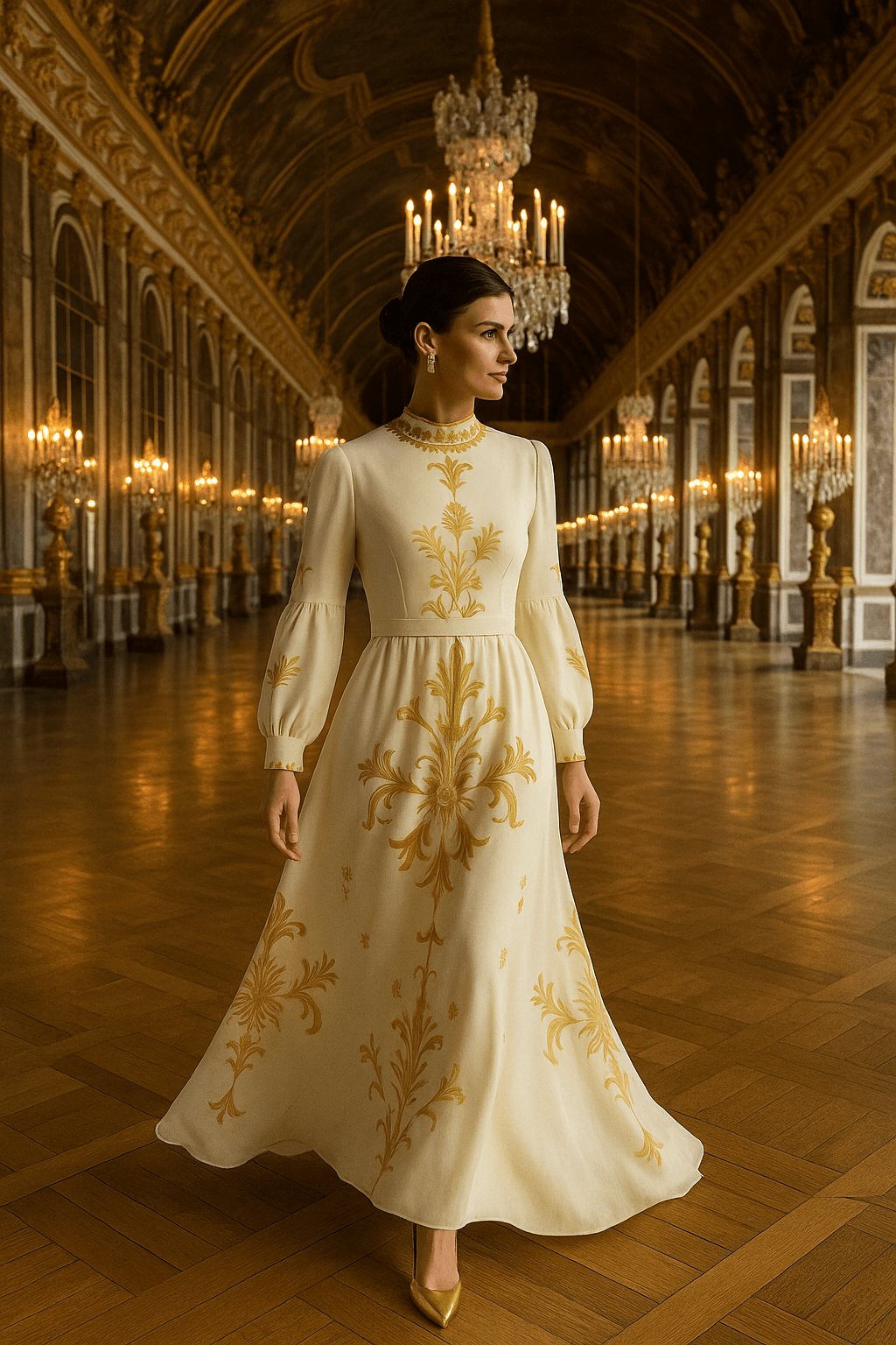 Angelic Blessings gold damask evening gown with long sleeves and floral embroidery in elegant ballroom