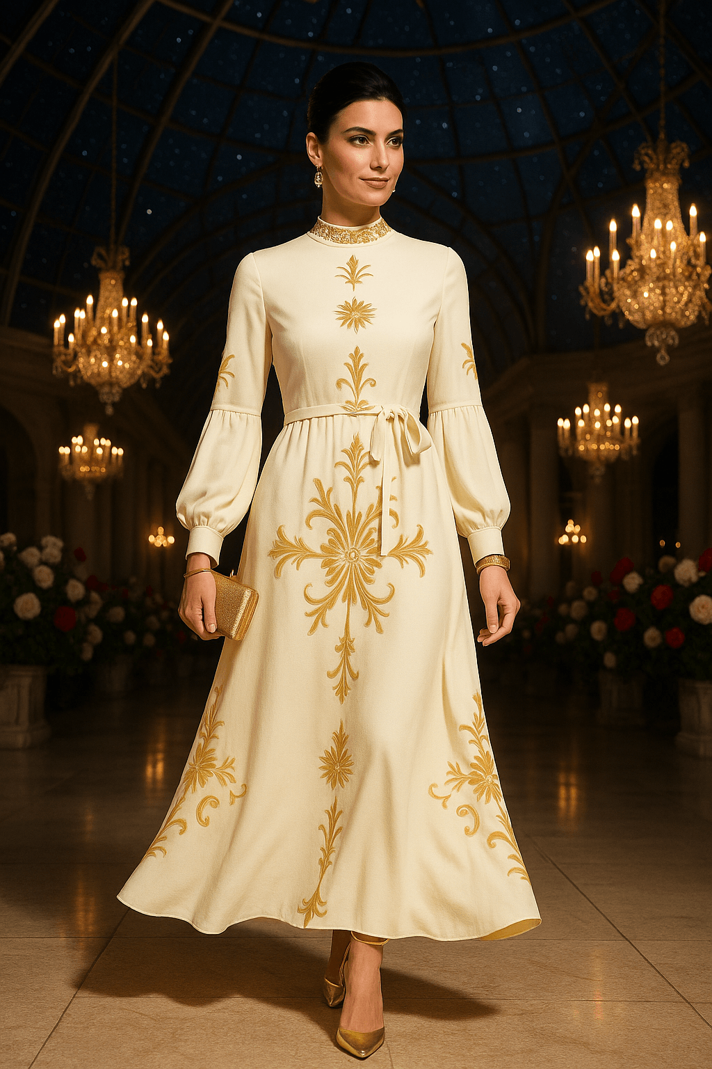 Angelic Blessings luxury gold damask evening gown with long sleeves and elegant high neckline