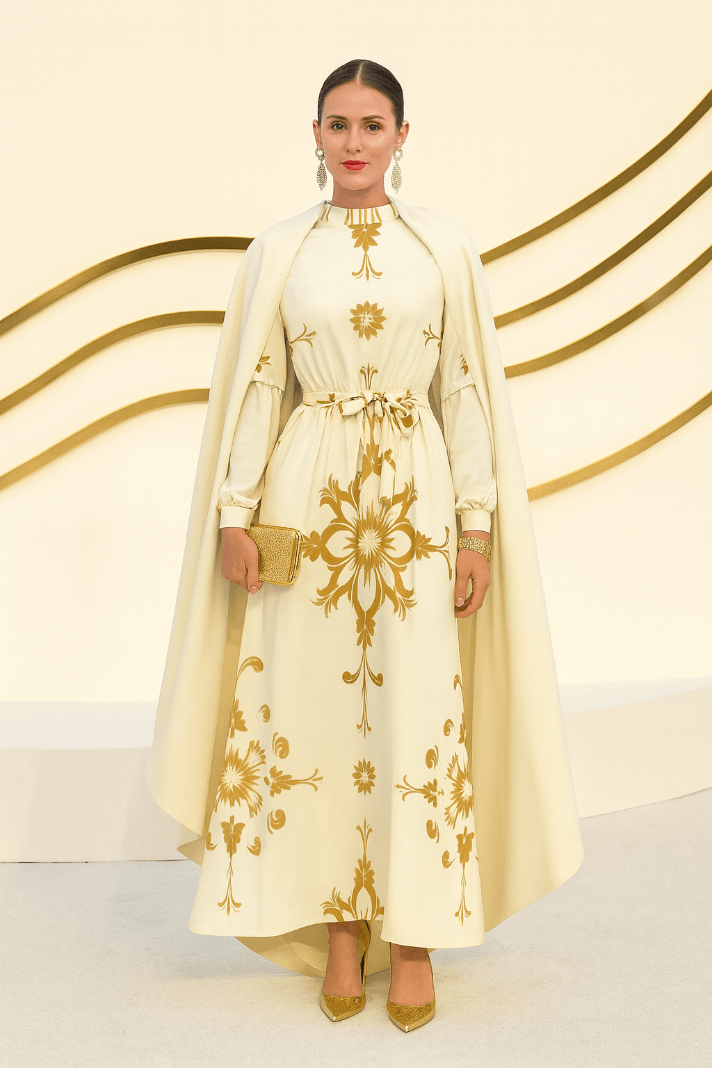 Angelic Blessings gold damask evening gown with cape and matching clutch for luxury events