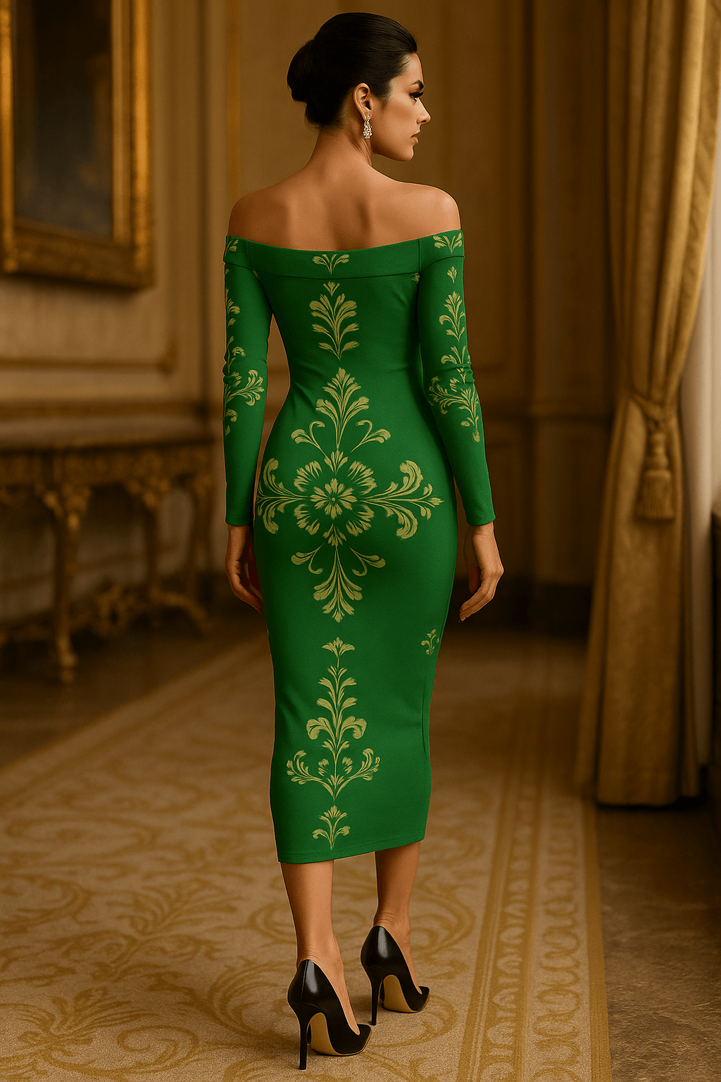 Green Baroque Off Shoulder Midi Bodycon Dress- S-6XL by Angelic Blessings Shop worn by a woman in an elegant room