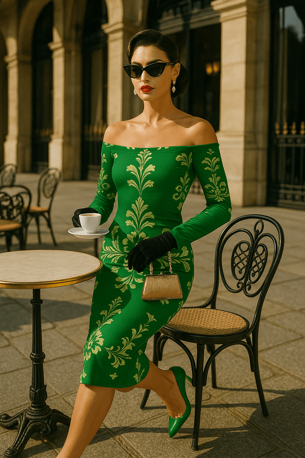 Woman wearing Green Baroque Off Shoulder Midi Bodycon Dress- S-6XL sitting at outdoor café holding a cup of coffee