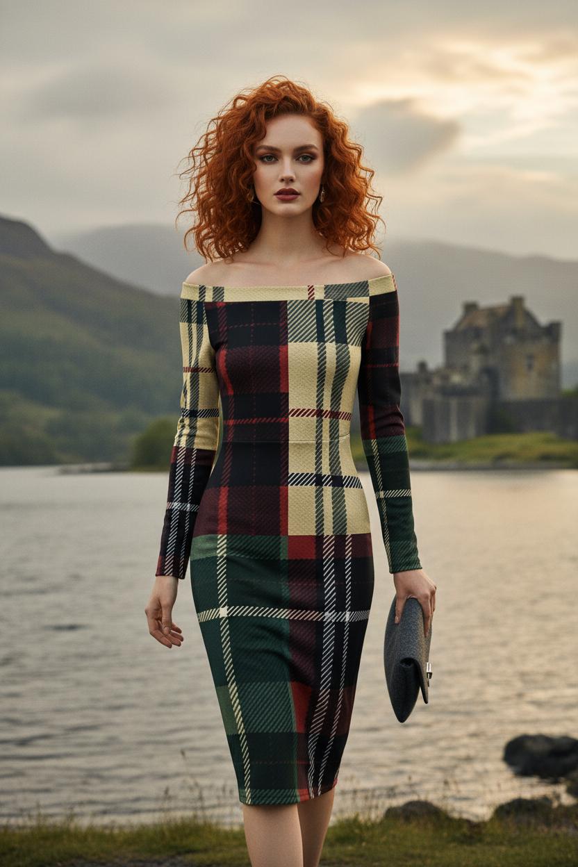 Women’s green and burgundy tartan midi dress front shot