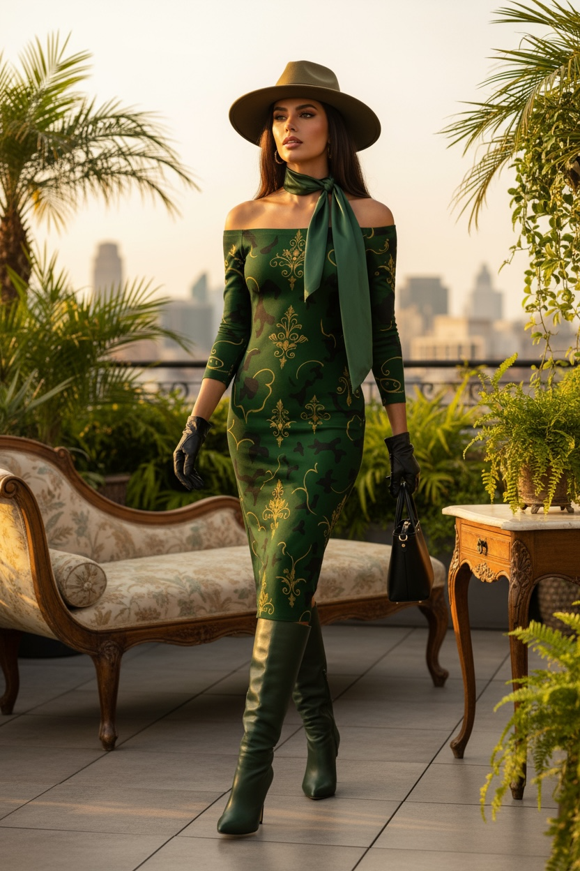Elegant green and gold baroque patterned bodycon dress