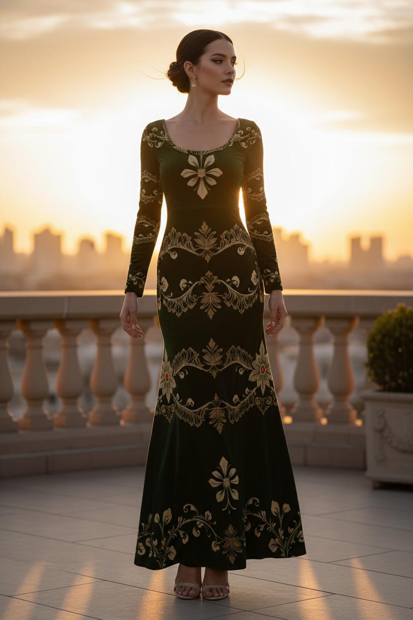 Floor-length green gold velvet evening gown styled for elegant formal wear
