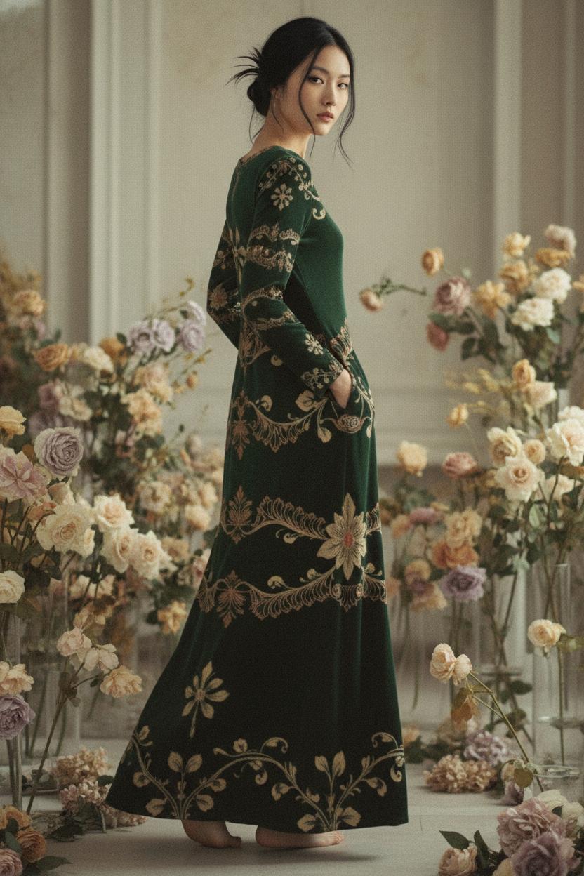 Back view of green gold velvet maxi dress with long sleeves and elegant drape