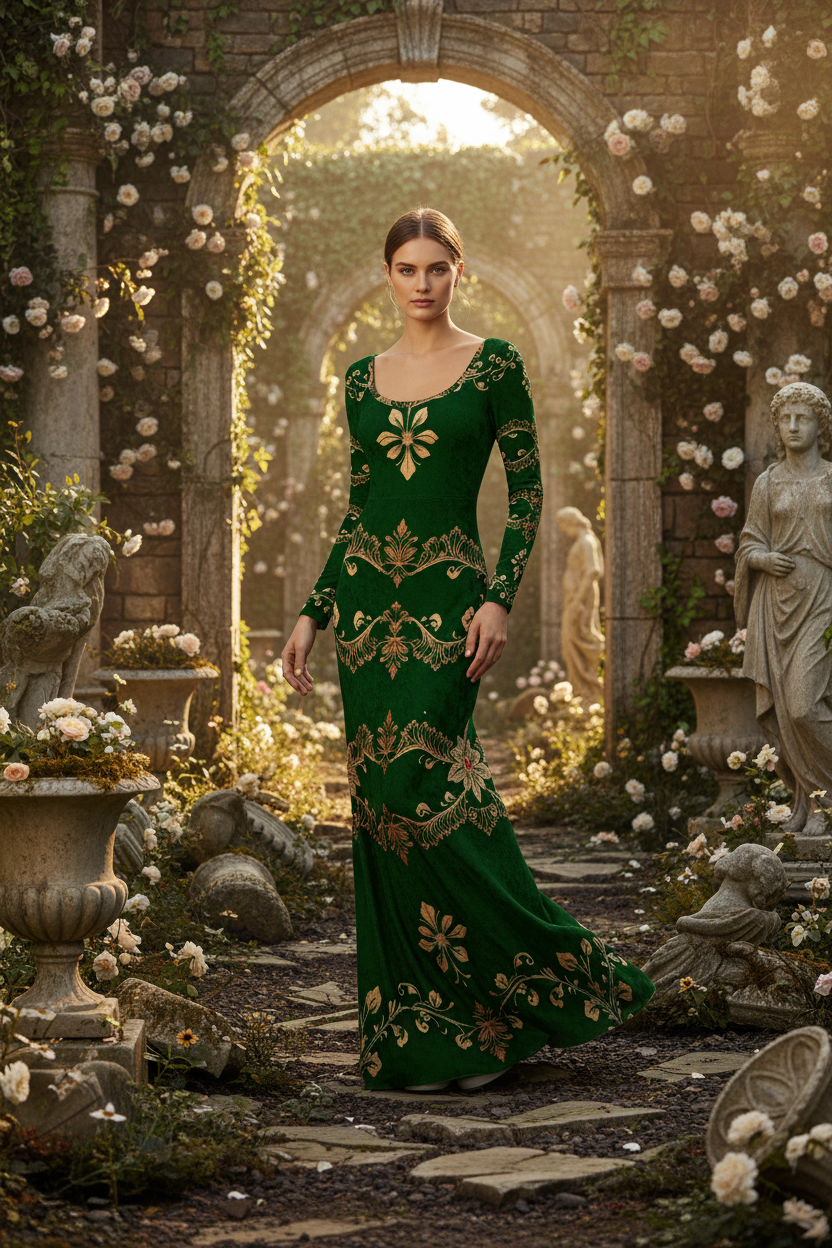 Front view of green gold velvet shine long sleeve maxi dress with scoop neckline and flowy silhouette