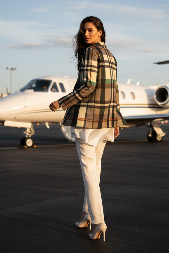 Green-Grey Tartan Plaid Jacket Elegant Evening Outfit with White Pants and Heels