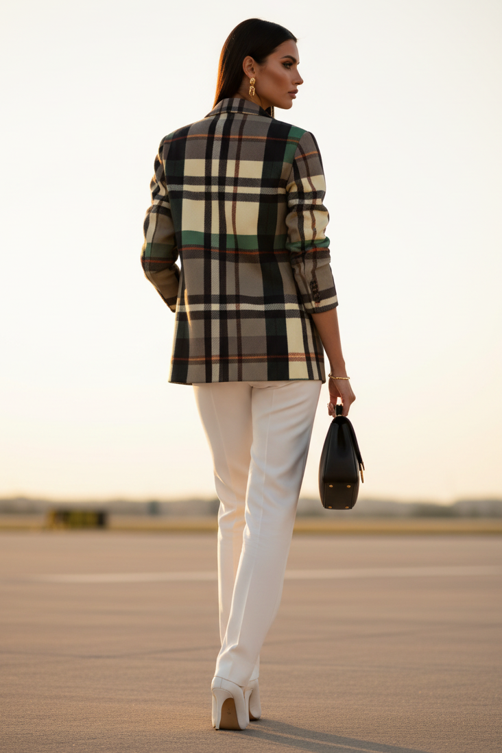 Green-Grey Tartan Plaid Jacket Elegant Evening Outfit with White Pants