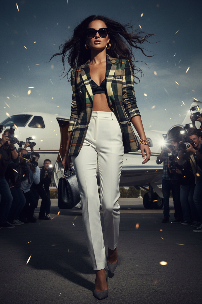 Green-Grey Tartan Plaid Jacket With Elegant Evening Outfit and Stylish Look