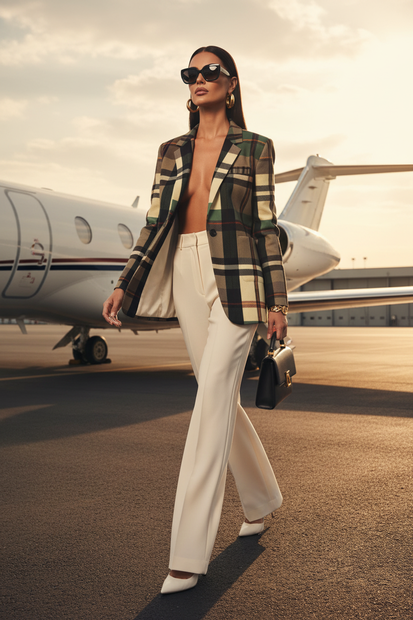 Green-Grey Tartan Plaid Jacket with Elegant Outfit for Evening Wear