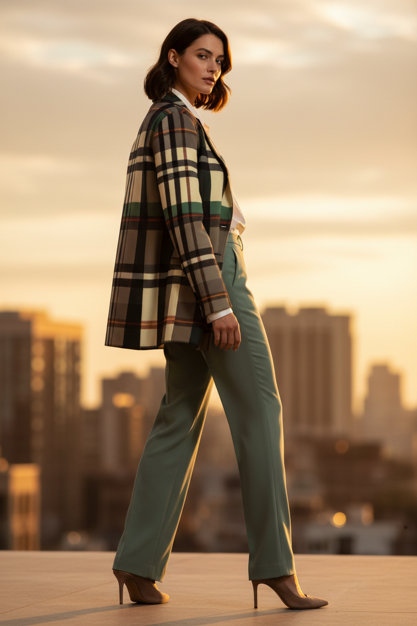 Green-Grey Tartan Plaid Jacket Elegant Outfit for Evening and Stylish Occasions