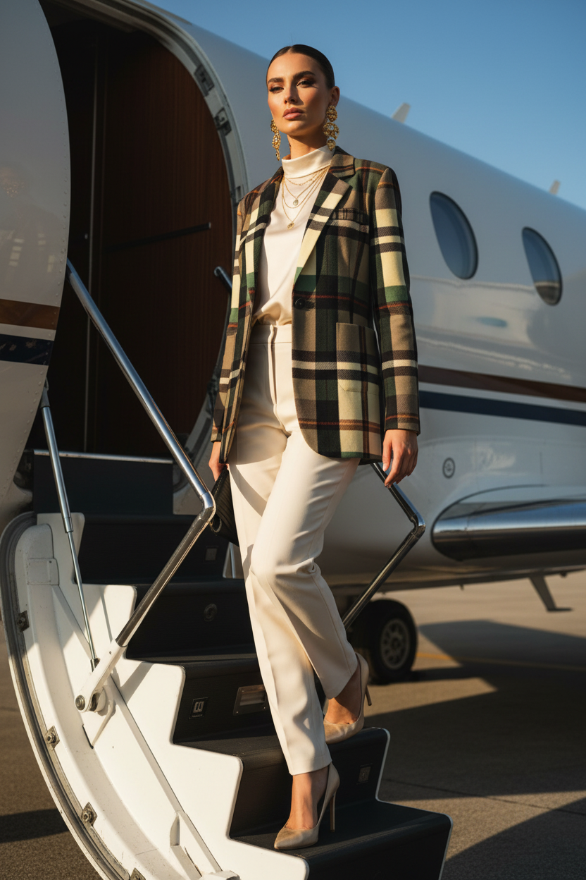 Green-Grey Tartan Plaid Jacket Stylish Evening Outfit Elegant Tailored Blazer