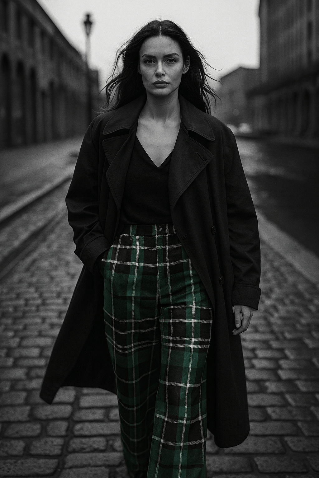 Woman wearing Angelic Blessings green tartan wide leg pants and a black coat walking on a cobblestone street