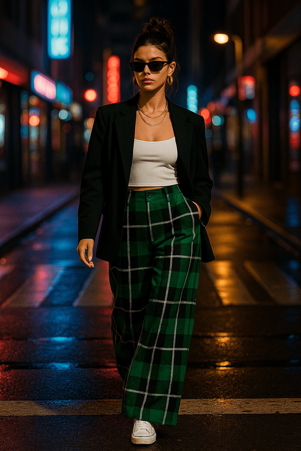 Woman wearing Angelic Blessings green tartan wide leg pants with black blazer and white top